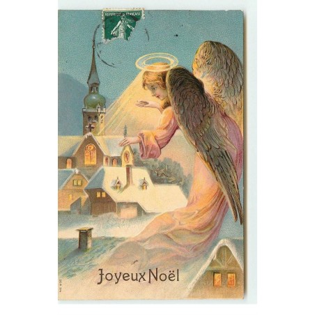 n°17286 - Carte Gaufrée - Joyeux Noël - Ange gardien veillant sur un village