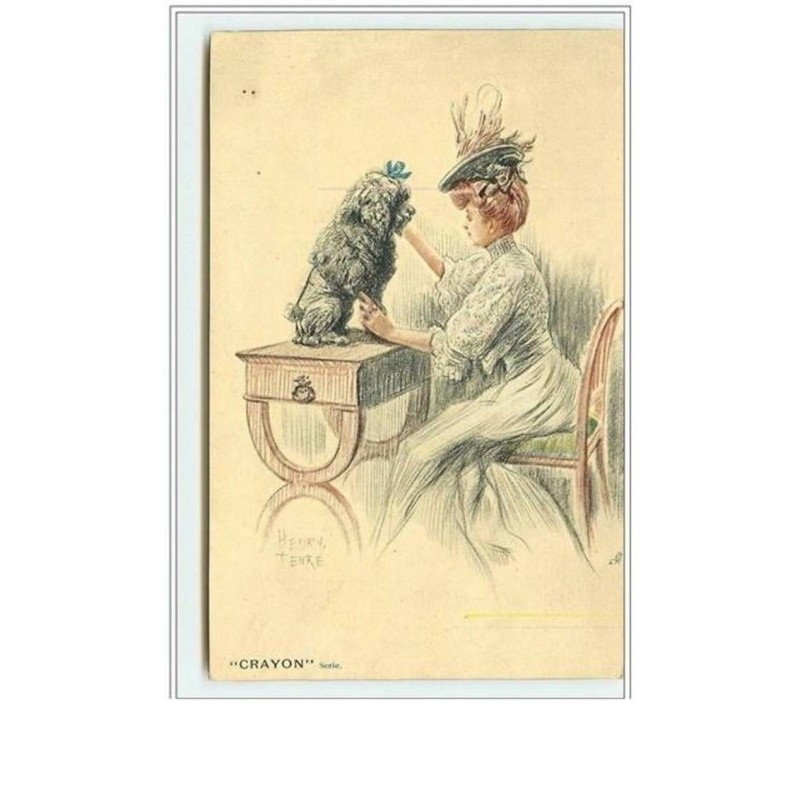 n°1067 - Henri Tenré - Femme en chapeau avec son caniche - Série Crayon Oilette