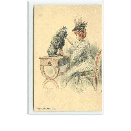 n°1067 - Henri Tenré - Femme en chapeau avec son caniche - Série Crayon Oilette