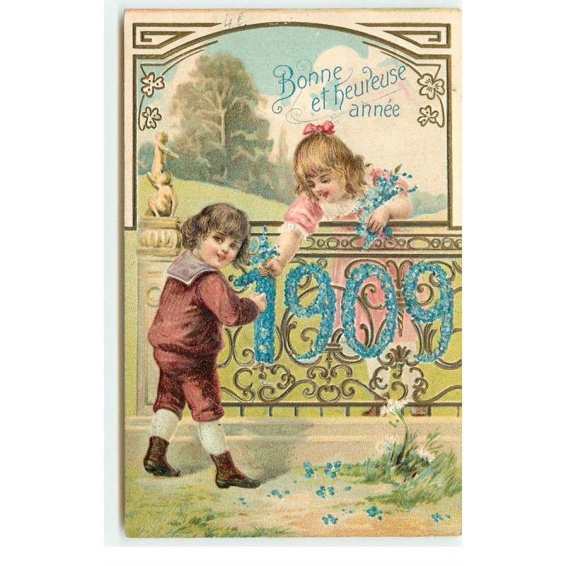 n°17291 - Carte Gaufrée - Bonne et Heureuse année 1909 - Enfants accrochant les chiffres en myosotis sur une ballustrade