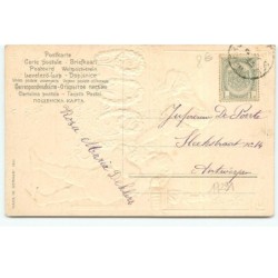 n°17291 - Carte Gaufrée - Bonne et Heureuse année 1909 - Enfants accrochant les chiffres en myosotis sur une ballustrade