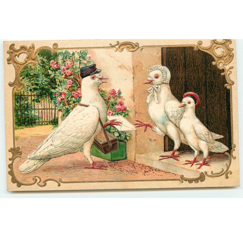n°17298 - Carte Gaufrée - Pigeon facteur apportant une lettre