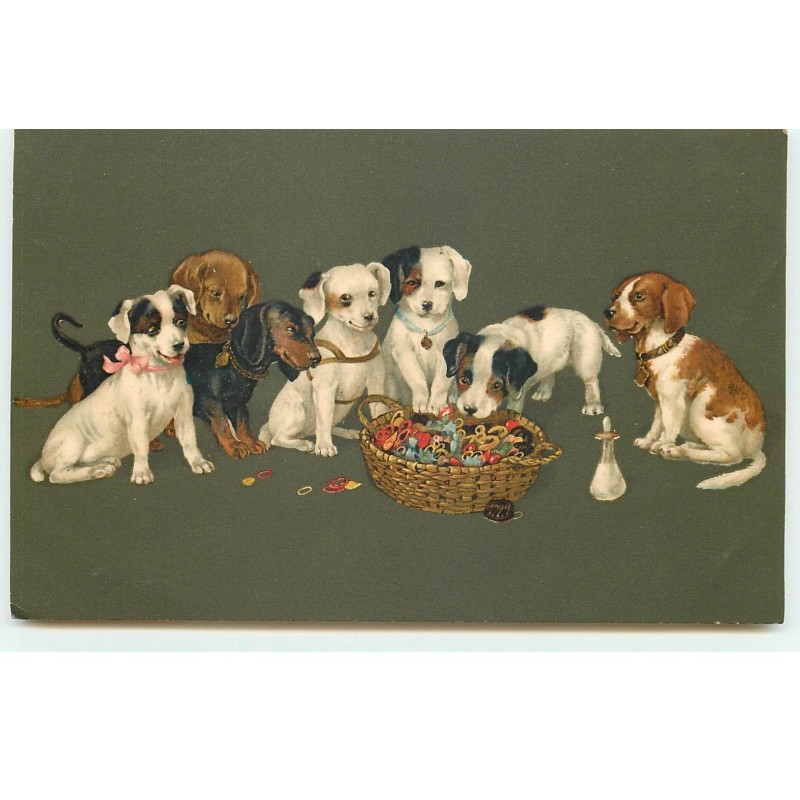 n°17300 - Meissner - Chiens autour d'un panier - Teckel