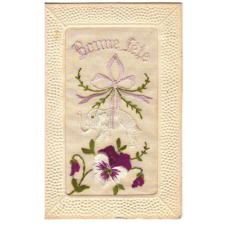 n°17302 - Carte Brodée - Bonne Fête - Pensée, et éléphant