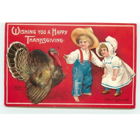 n°17327 - Carte Gaufrée - Clapsaddle - Wishing you a Happy Thanksgiving - Enfant près d'une dinde