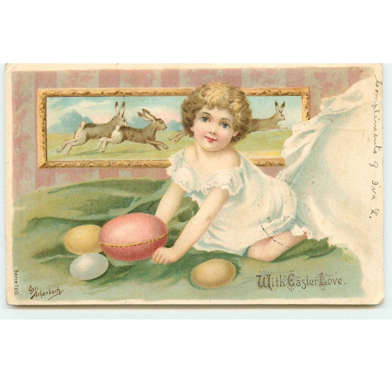 n°17334 - With Easter Love - Achenbach - Enfant jouant avec des oeufs