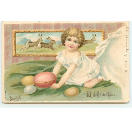 n°17334 - With Easter Love - Achenbach - Enfant jouant avec des oeufs