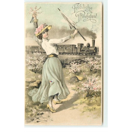 n°17337 - Carte Gaufrée - Fröhliche Pfingsten - Jeune femme saluant un train