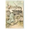 n°17337 - Carte Gaufrée - Fröhliche Pfingsten - Jeune femme saluant un train