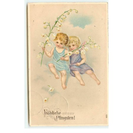 n°17338 - Carte Gaufrée - Fröhliche Pfingsten - Anges portant des brins de muguet