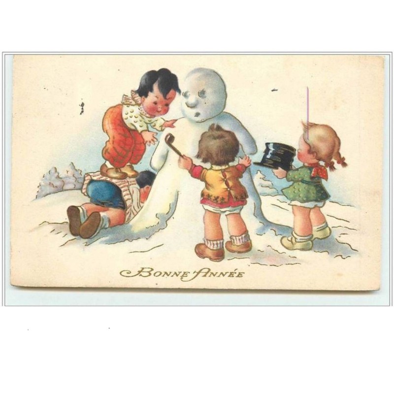 n°1734 - Bonne Année - Enfants autour d'un Bonhomme de neige