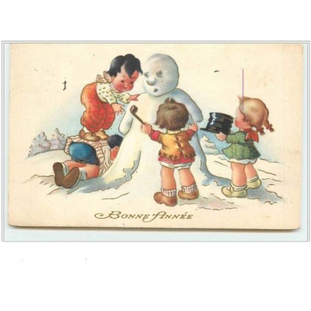 n°1734 - Bonne Année - Enfants autour d'un Bonhomme de neige
