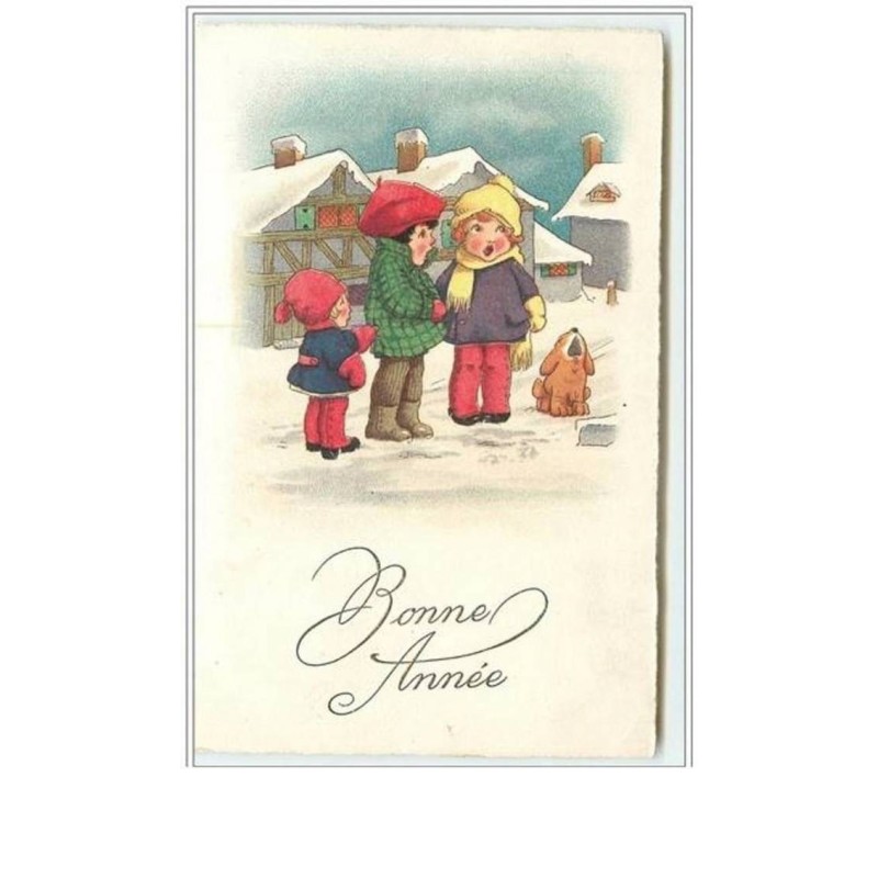 n°1735 - Bonne Année - Enfants et chien chantant