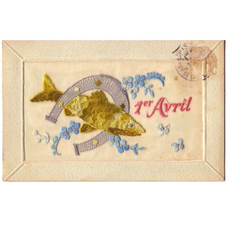 n°17351 - Carte Brodée - 1er Avril - Poisson et Fer à Cheval