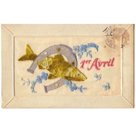 n°17351 - Carte Brodée - 1er Avril - Poisson et Fer à Cheval