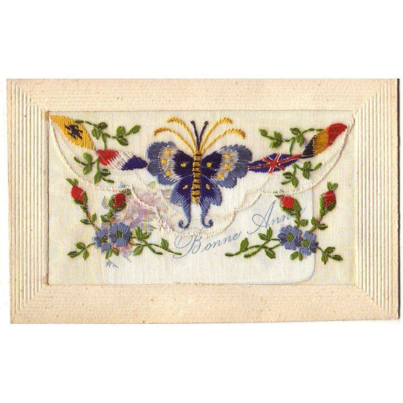 n°17352 - Carte Brodée avec rabat - Papillon, drapeaux et fleurs