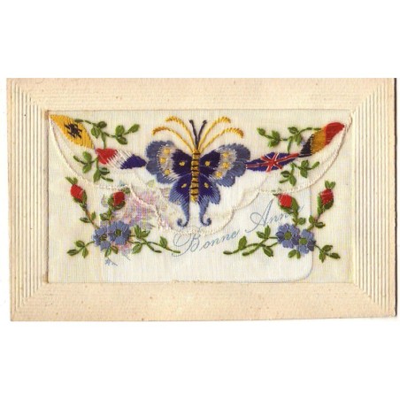 n°17352 - Carte Brodée avec rabat - Papillon, drapeaux et fleurs