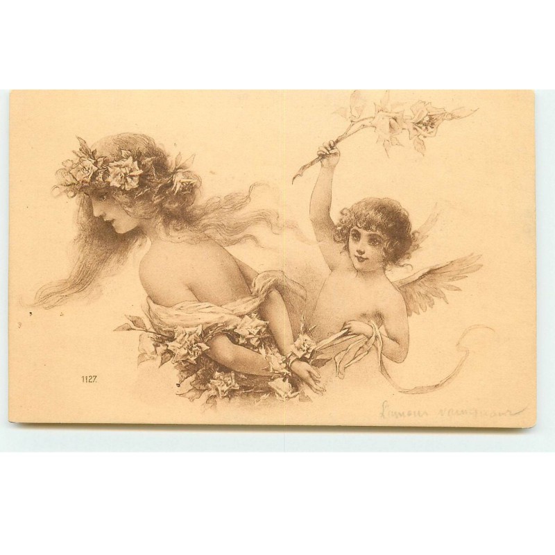 n°17366 - L'Amour Vainqueur - Ange avec une jeune femme ayant les mains attachées dans le dos