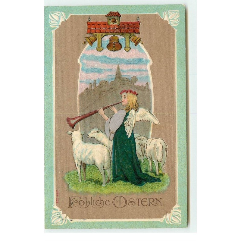 n°17374 - Carte Gaufrée - Fröhliche Ostern - Ange gardien entouré de moutons