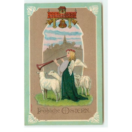 n°17374 - Carte Gaufrée - Fröhliche Ostern - Ange gardien entouré de moutons
