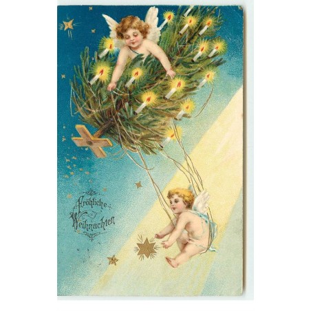 n°17377 - Carte Gaufrée Clapsaddle Fröhliche Weihnachten - Un ange portant un sapin, un autre faisant de la balançoire