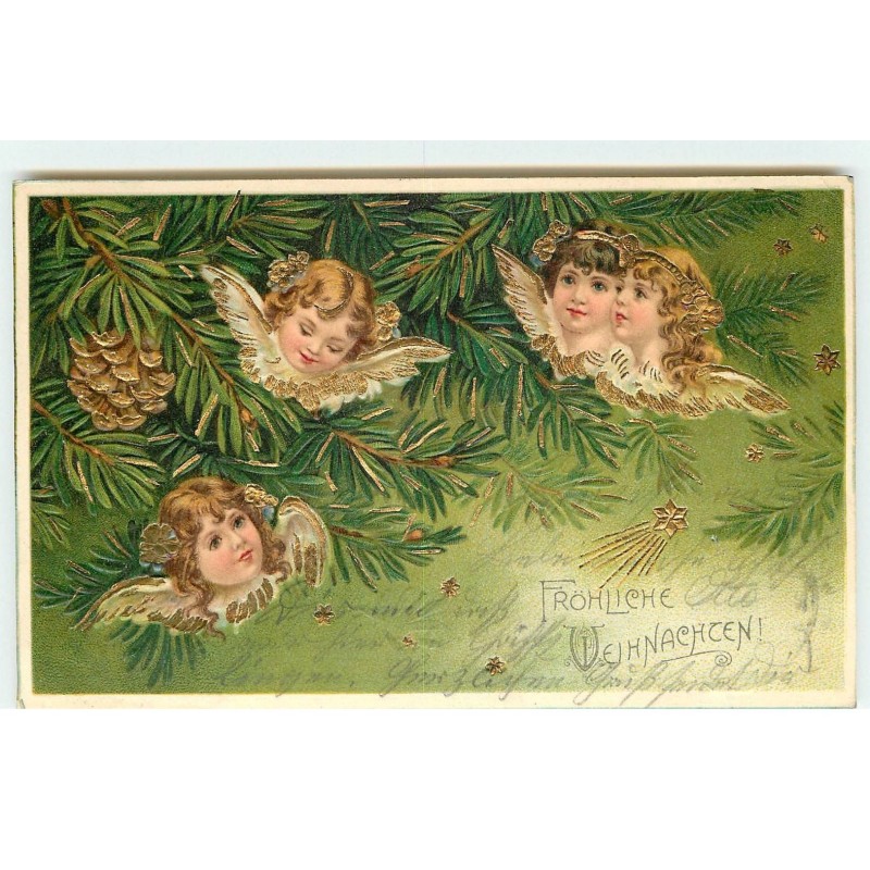 n°17378 - Carte Gaufrée - Fröhliche Weihnachten - Têtes d'anges dans un sapin
