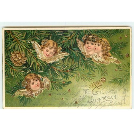 n°17378 - Carte Gaufrée - Fröhliche Weihnachten - Têtes d'anges dans un sapin