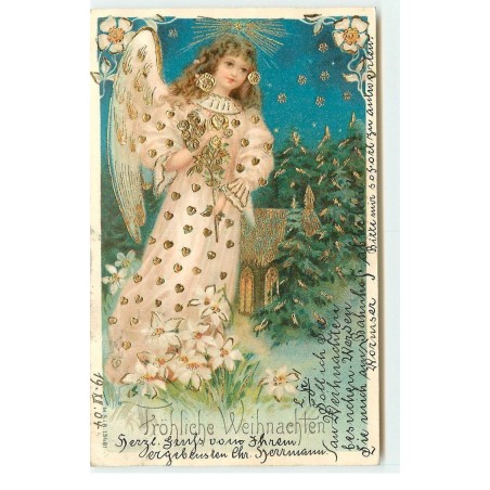 n°17379 - Carte Gaufrée - Fröhliche Weihnachten - Ange Gardien près d'une église