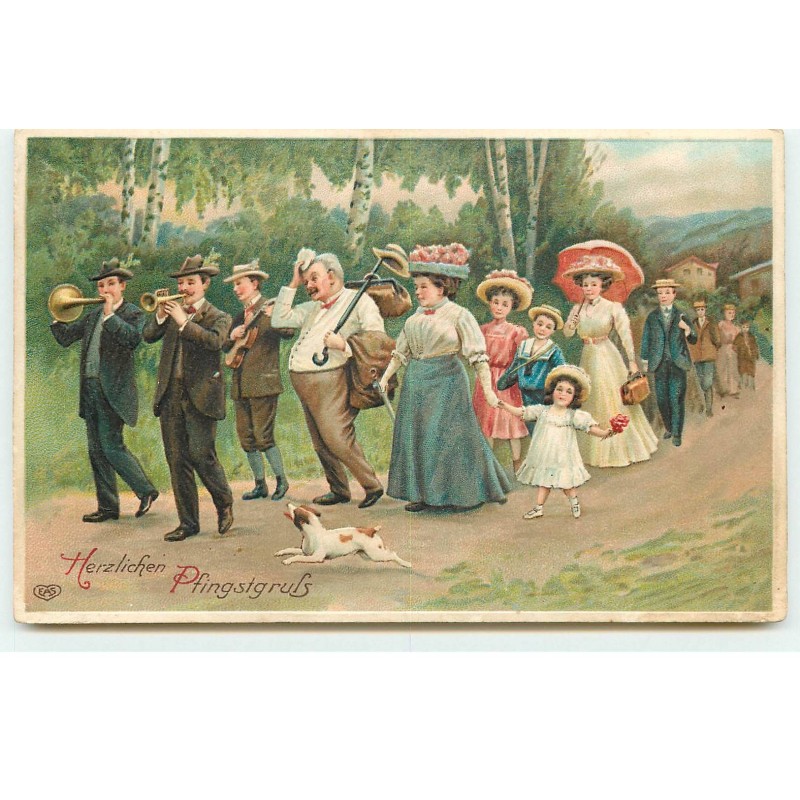 n°17392 - Carte Gaufrée - Herzlichen Pfingstgruss - Promeneurs suivant des hommes jouant de la musique