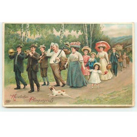 n°17392 - Carte Gaufrée - Herzlichen Pfingstgruss - Promeneurs suivant des hommes jouant de la musique