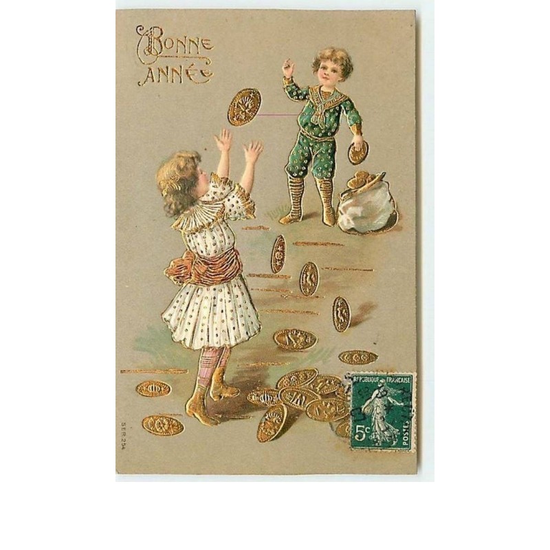 n°10681 - Carte Fantaisie Gaufrée - Bonne Année - Enfants se lançant des pièces d'or