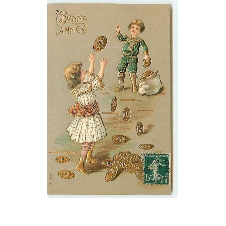 n°10681 - Carte Fantaisie Gaufrée - Bonne Année - Enfants se lançant des pièces d'or