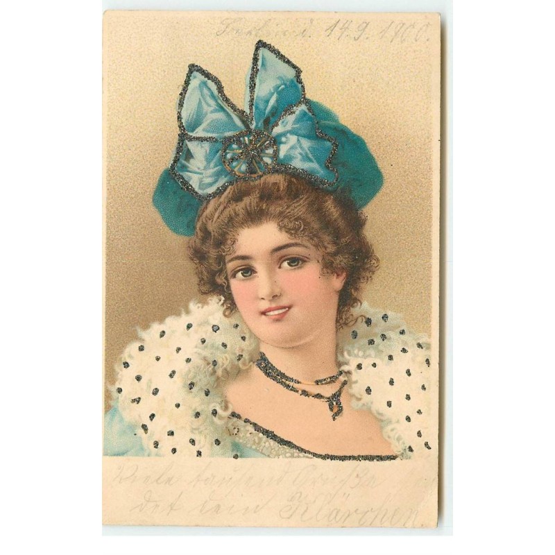 n°17397 - Jeune femme portant un noeud dans les cheveux - Carte avec strasses