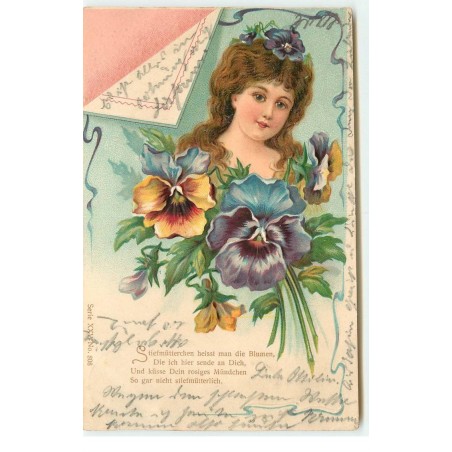 n°17399 - Carte Gaufrée - Jeune femme parmi des pensées