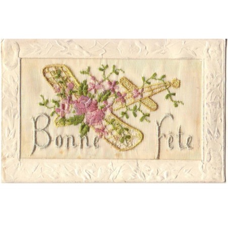 n°17401 - Carte Brodée - Bonne Fête - Avion décoré de fleurs