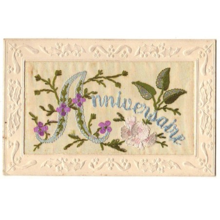 n°17404 - Carte Brodée - Anniversaire - Fleurs