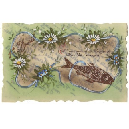 n°17406 - Carte Celluloid -1er Avril - Poisson et fleurs