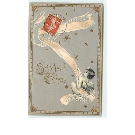 n°10684 - Carte Fantaisie Gaufrée - Bonne Année - Angelot et ruban