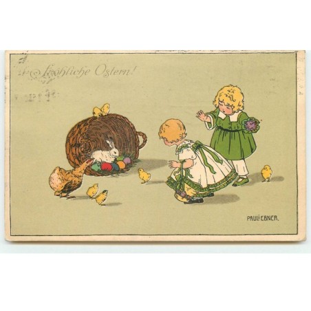 n°17410 - P. Ebner - MM Vienne n°731 - Fröhliche Ostern -Enfants avec des poussins, une poule, un lièvre et des oeufs