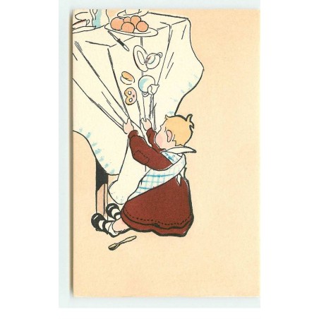 n°17418 - Fillette s'accrochant à une nappe et faisant tomber tasses et gâteau