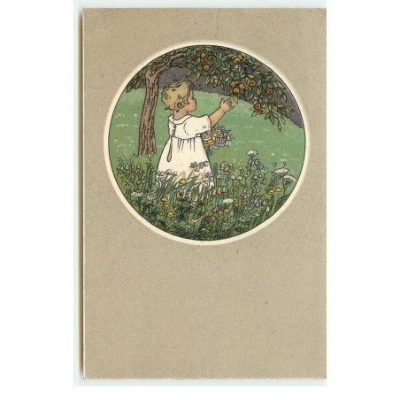n°17426 - Fillette dans un médaillon cueillant des fruits