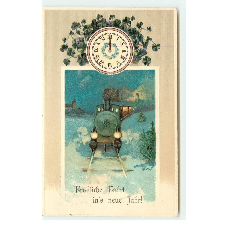 n°17434 - Carte Gaufrée - Fröhliche Fahrt in's neue Jahr - Train dans la nuit