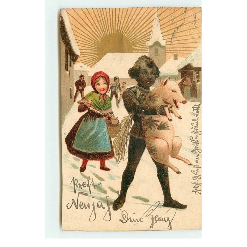 n°17442 - Prosit Neujahr - Ramoneur portant dans les bras un cochon