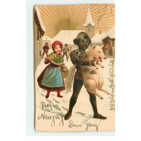 n°17442 - Prosit Neujahr - Ramoneur portant dans les bras un cochon