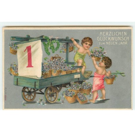 n°17445 - Carte Gaufrée - Enfants mettant des paniers de fleurs dans une charrette