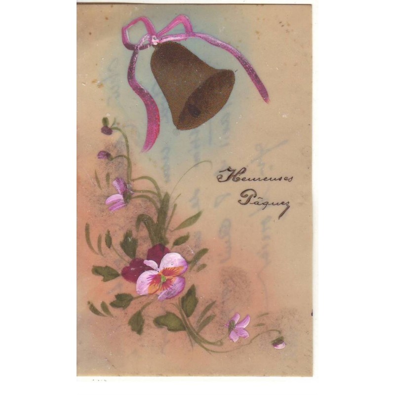 n°17456 - Carte Celluloid - Heureuse Pâques - Cloche et pensées