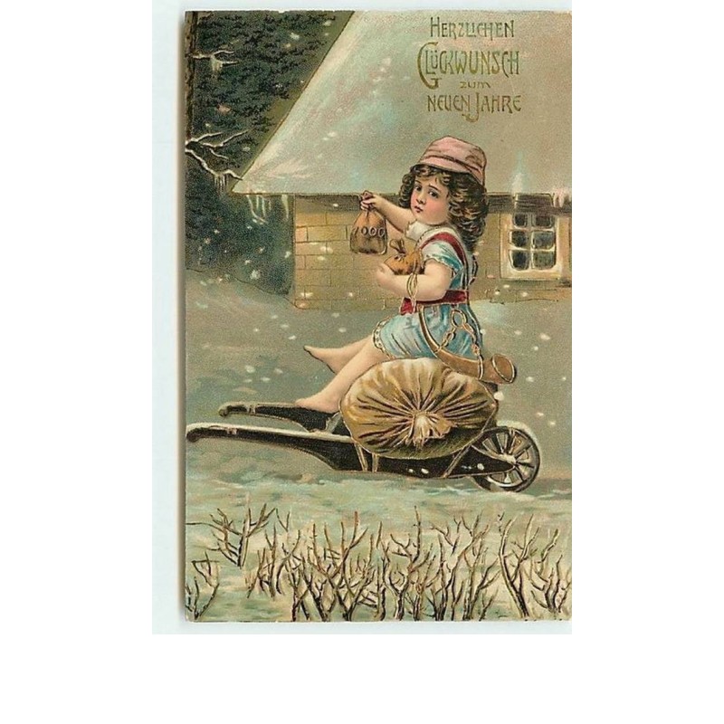 n°10688 - Carte Fantaisie - Fillette assise sur un sac de pièces sur une brouette