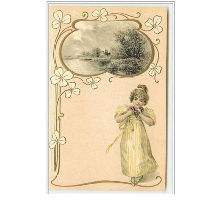 n°1746 - Carte Gaufrée avec décor art nouveau - Fillette et paysage