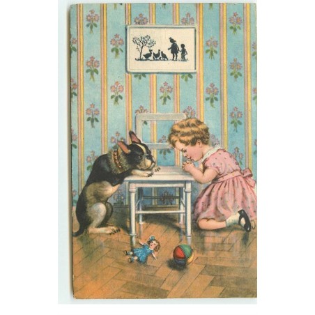 n°17468 - Fillette priant, avec un bouledogue français