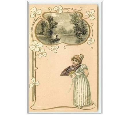 n°1747 - Carte Gaufrée avec décor art nouveau - Fillette avec un éventail et paysage